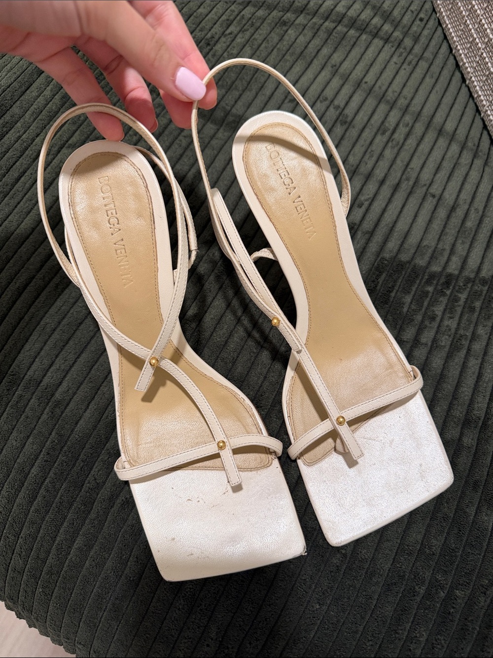 Bottega Veneta Ivory Leather Square-Toe Strappy Slingback Heels